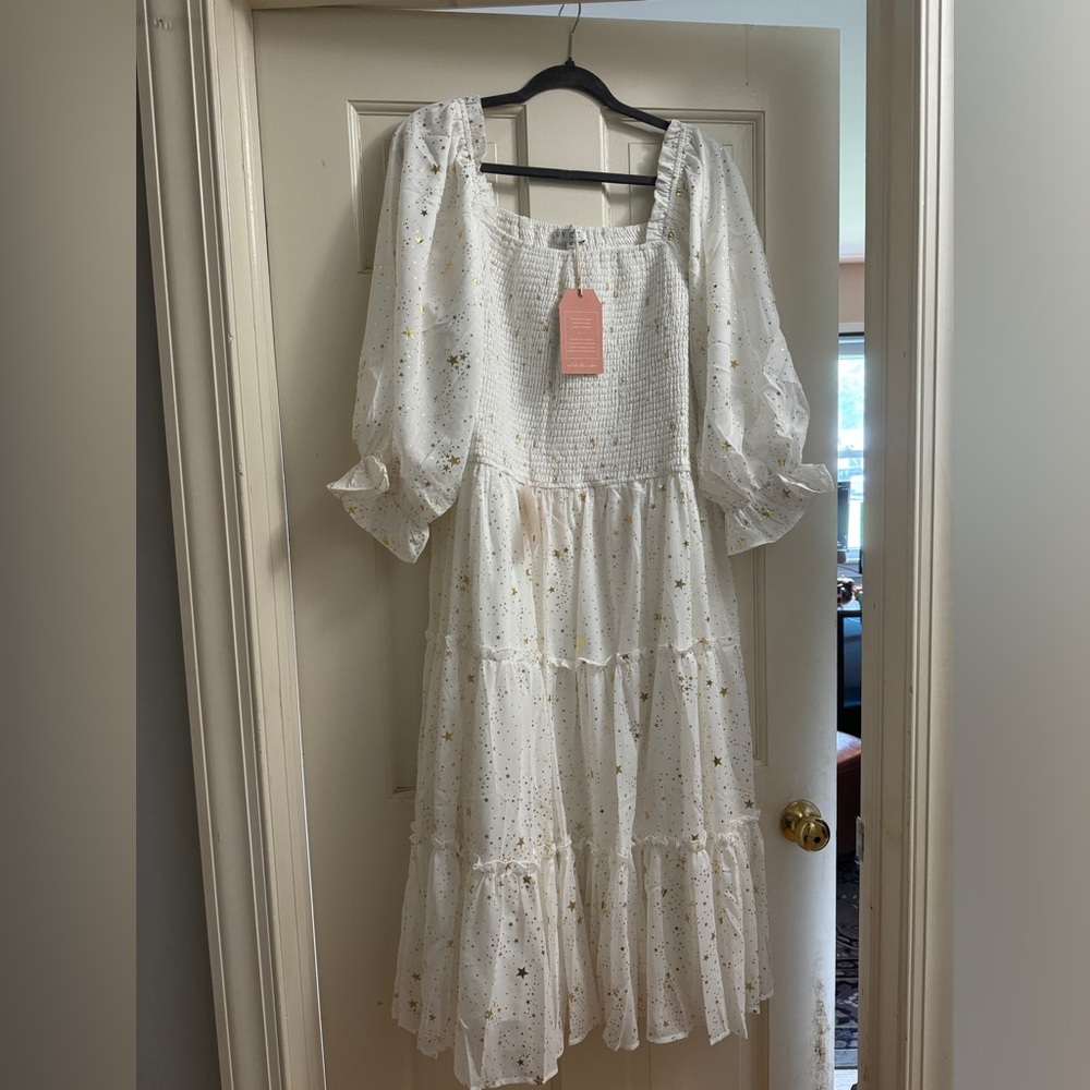 Ivy City Co White Midi Dress with Gold Accents